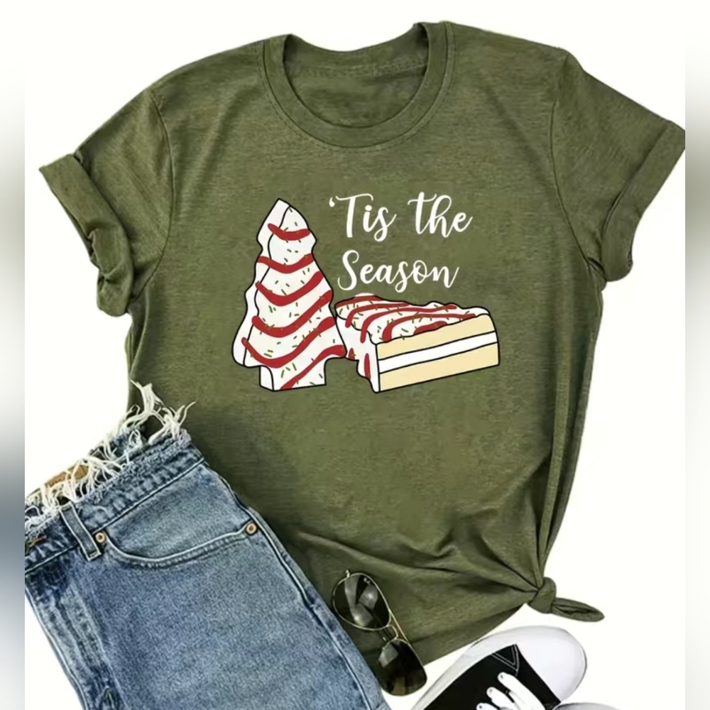 Snack Cake Tee Green Christmas Winter w/ Free Earrings Various Sizes New in Pac - Picture 2 of 5